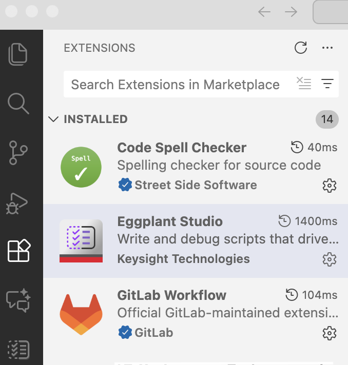 The Studio extension in the list of installed **Extensions** in VS Code