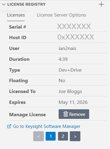 The Licenses tab of the Eggplant Studio License Registry
showing a node-locked license