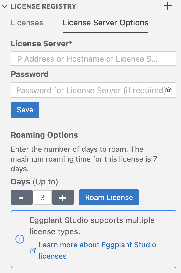 The Eggplant Studio License Registry with the License Server Options
tab for RLM License Server connection information in focus