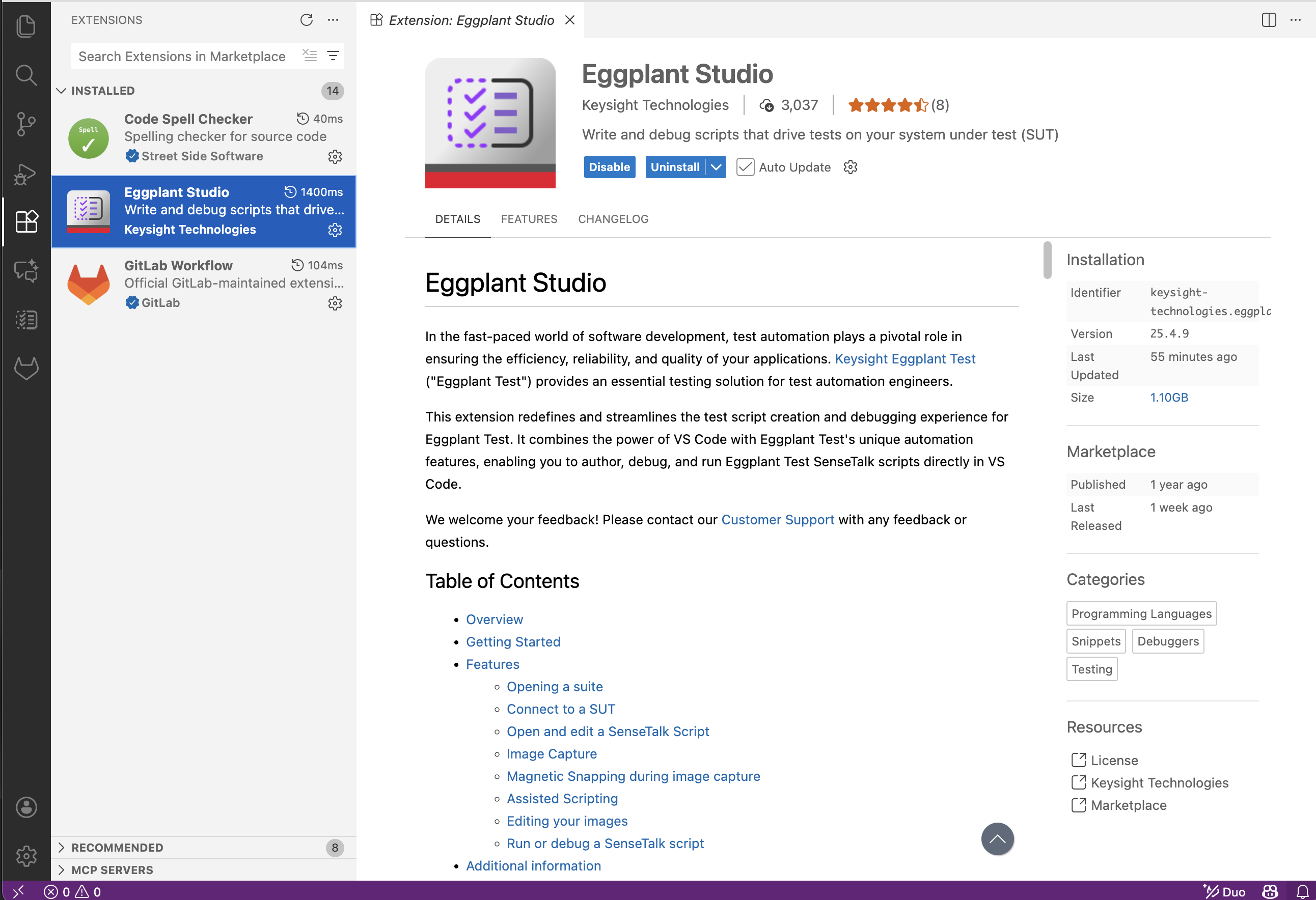 The Eggplant Studio extension page open in the VS Code Editor
