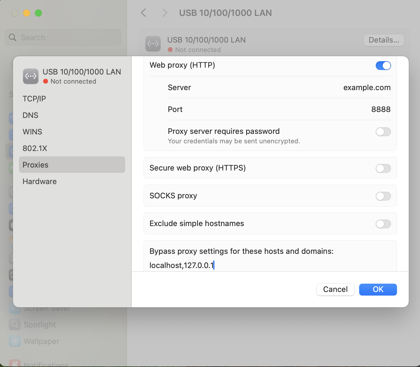 macOS proxy configuration example settings