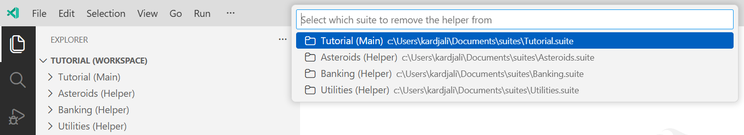Selecting the parent Suite to remove a helper from`