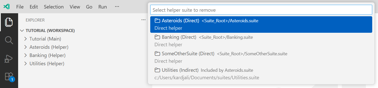 Selecting the helper Suite to remove`