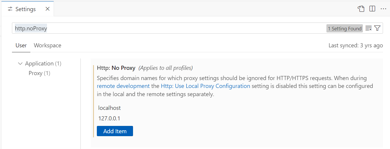 VS Code proxy configuration example settings