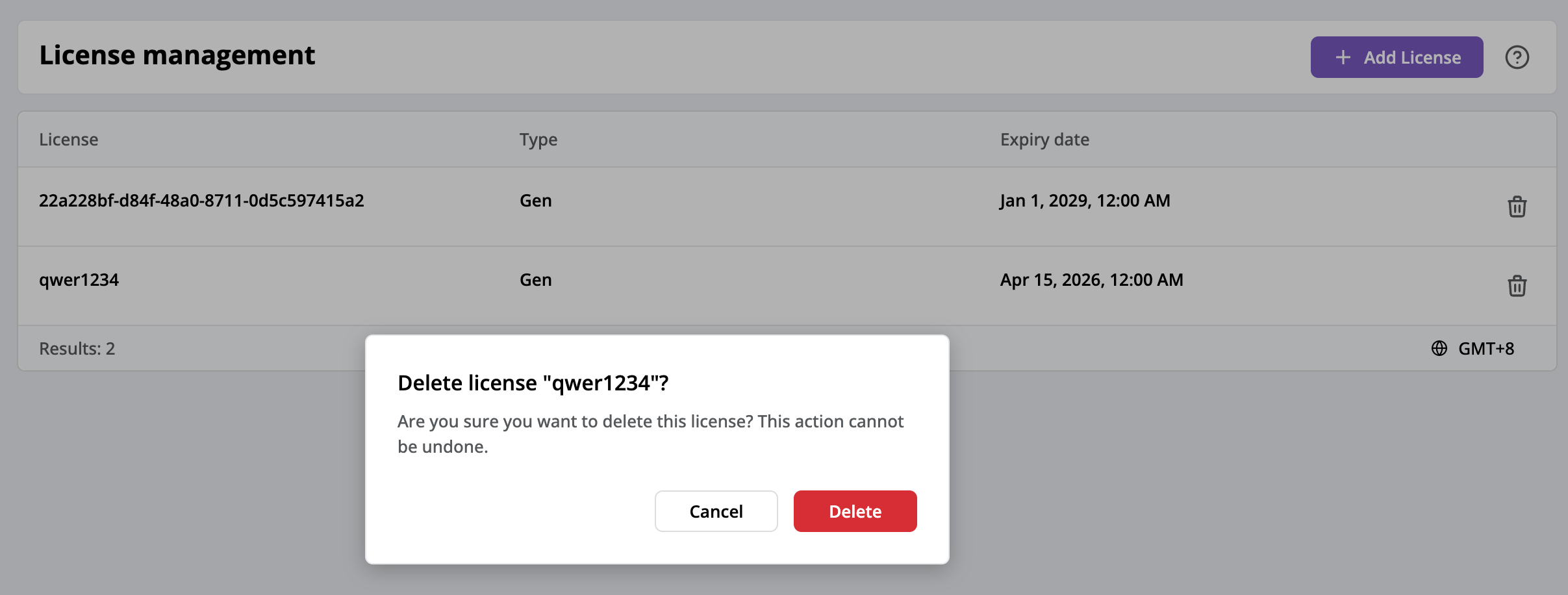 Delete license confirmation modal
