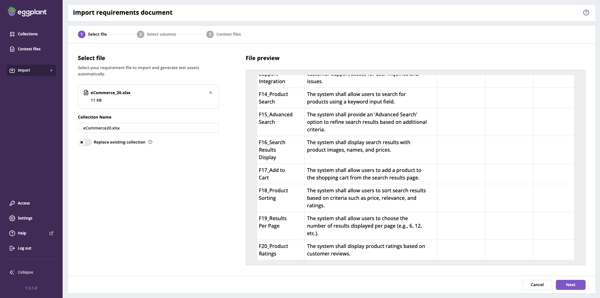 Import requirements document preview