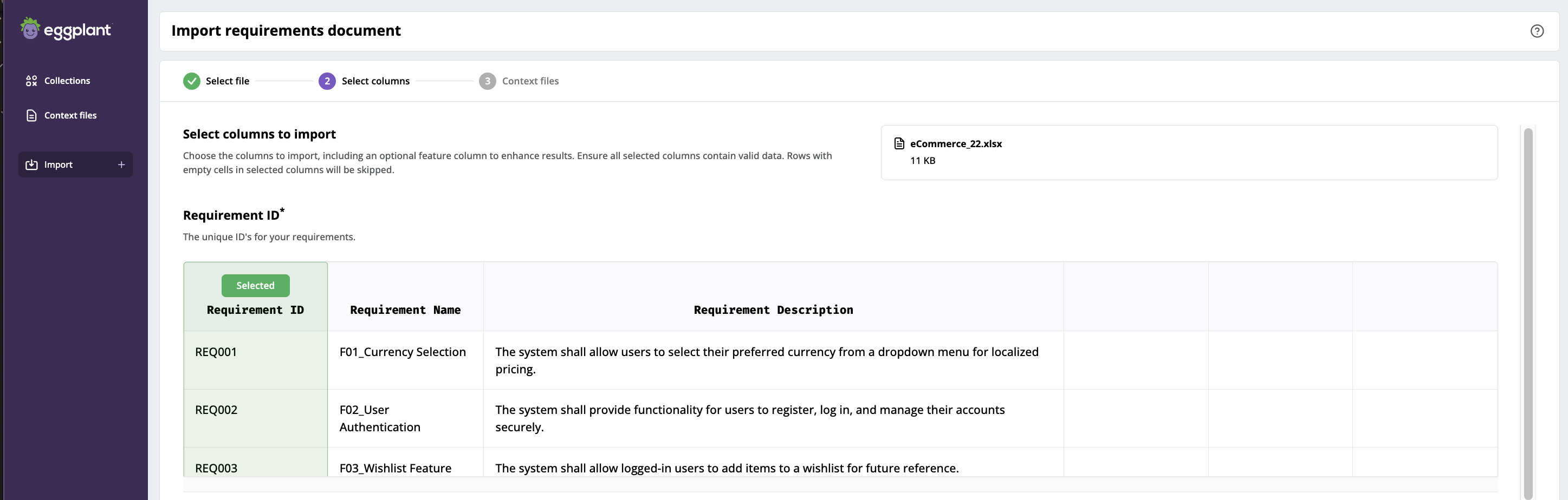 The Requirement ID column selected