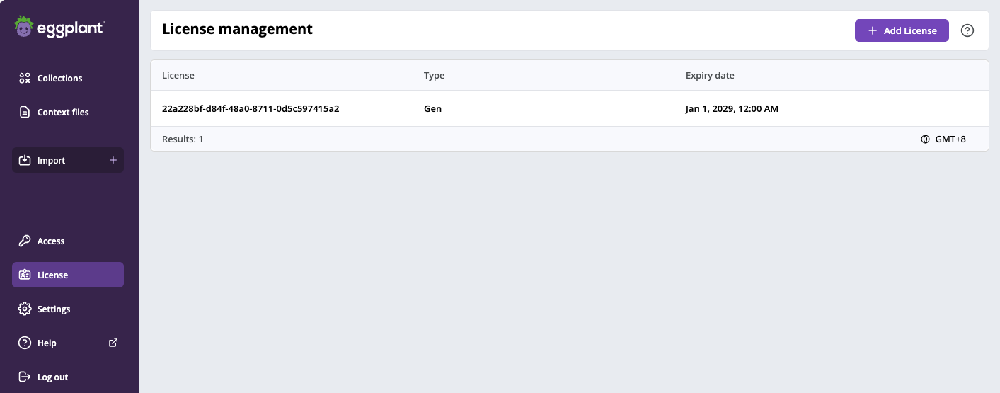License management page showing installed licenses