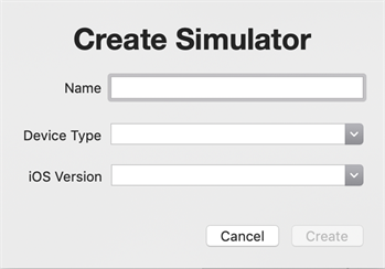 The Create Simulator dialog window in iOS Gateway