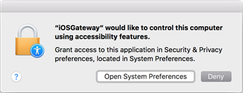 iOS Gatewayでシステム環境設定を開くためのダイアログ