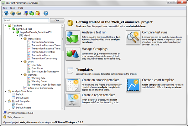 The "Getting started" screen in Eggplant Performance Analyzer