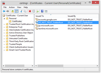 Personal certificate manager window Personal certificate manager window