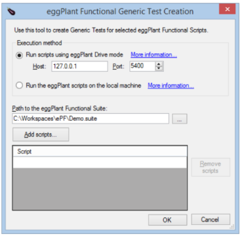 eggPlant Functional Generic Test Creation dialog box in eggIntegration for Visual Studio