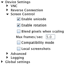 The Screen Control section of the Android Gateway Setttings sidebar
