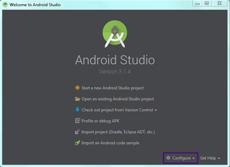 The Configure option on the Android Studio splash screen