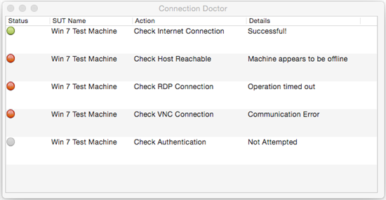 The Connection Doctor shows results of status checks for connection attempts