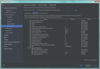The Default Settings window in Android Studio