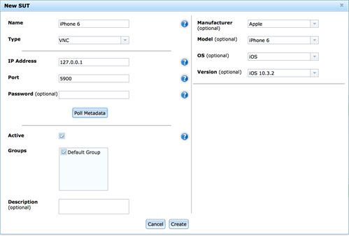 Eggplant Automation Cloud New SUT dialog box