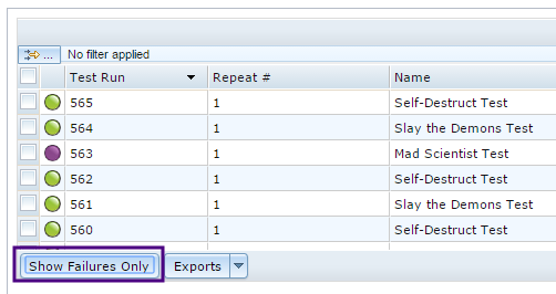 Use the Show Failures Only button to filter Eggplant Manager test runs for only those that failed
