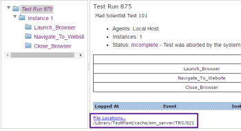 The File Locations link shows where Eggplant Manager test results are stored on the local file system