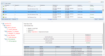 Eggplant Manager displays details about the selected test run in the lower portion of the page