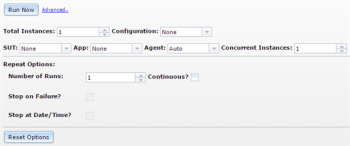 The Run Now option provides advanced options for test execution in Eggplant Manager