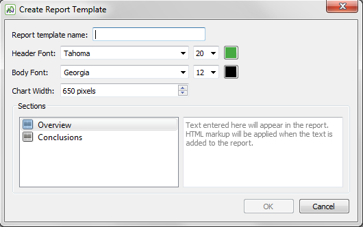 The Create Report Template dialog box in Eggplant Performance Analyzer