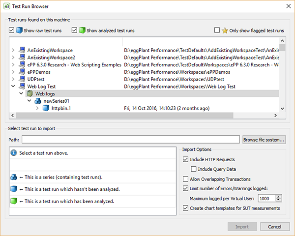 Import test data with the Test Run Browser in eggPlant Performance Analyzer