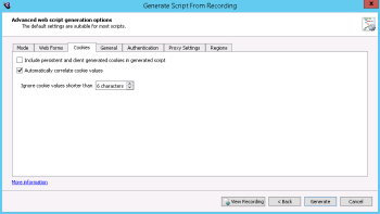 Cookies tab on the Advanced Web Script Options panel