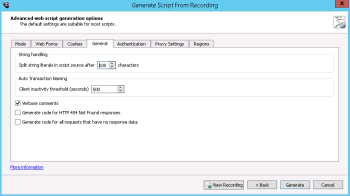 General tab in the Advanced web script generation options panel