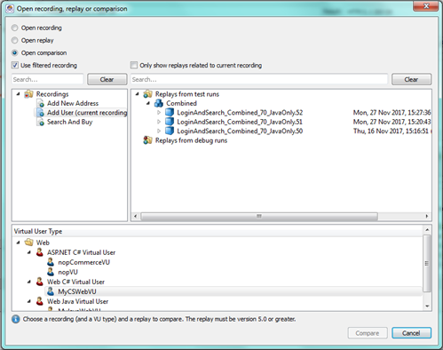 Open Comparison window in the Eggplant Performance Web Log Viewer