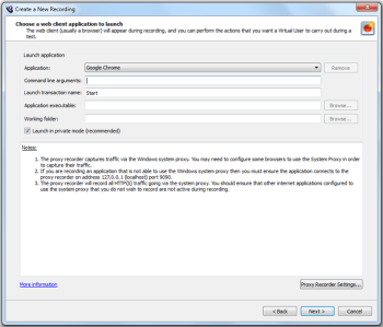 Choose a web client application in the Create a New Recording wizard in Eggplant Performance