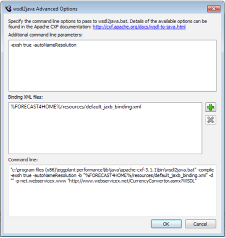 Advanced Options dialog box for creating a web service in Java
