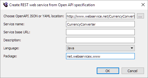 Create new REST web service from OpenAPI specification dialog box configured for Java