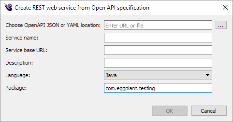 Create web service dialog box in Eggplant Performance Studio is for creating a REST web service from an OpenAPI specification