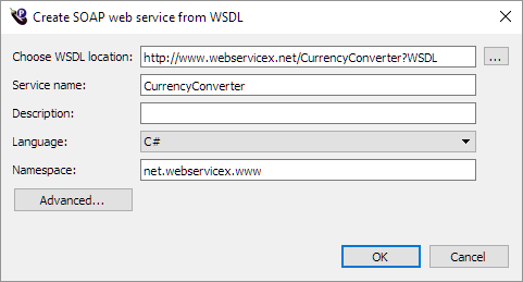 Create Service dialog box configured to create the service in C# and populated with information from WSDL