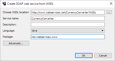 Create web service dialog box populated with information from the WSDL and configured for Java