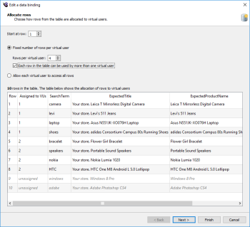 The Allocate rows page for data binding in Eggplant Performance Studio