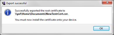The Export successful dialog box for root certificates in eggPlant Performance Studio