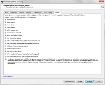 The Region tab of Advanced web script generation options