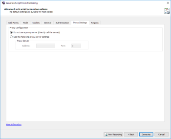 Proxy Settings tab in the Generate Script from Recording window