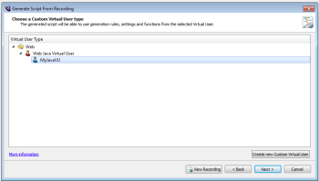The Choose a Custom Virtual User type panel in the Generate Script from Recording Wizard in eggPlant Performance Studio