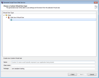 Choose a Custom Virtual User Type panel in the Generate Script from Web Service wizard in eggPlant Performance Studio