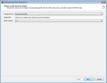 Generate Script from Web Service wizard open to the Choose a web service to target panel in eggPlant Performance Studio