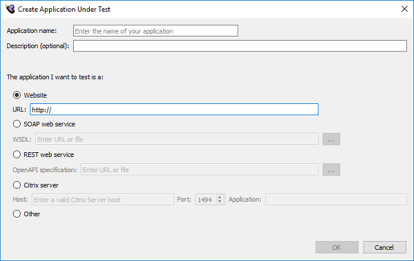 Select the application type to define in the Create Application Under Test dialog box in Eggplant Performance Studio