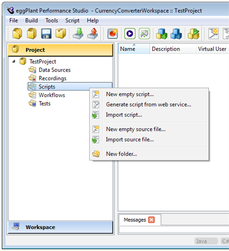 Project tree showing script options in eggPlant Performance Studio