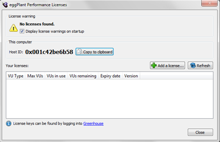 The licensing dialog box in Eggplant Performance Test Controller