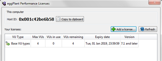 The Eggplant Performance Licensing dialog box