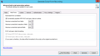 Web Forms tab in the Advanced web script generation options section