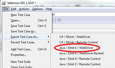 Export test case dialog Export test case dialog